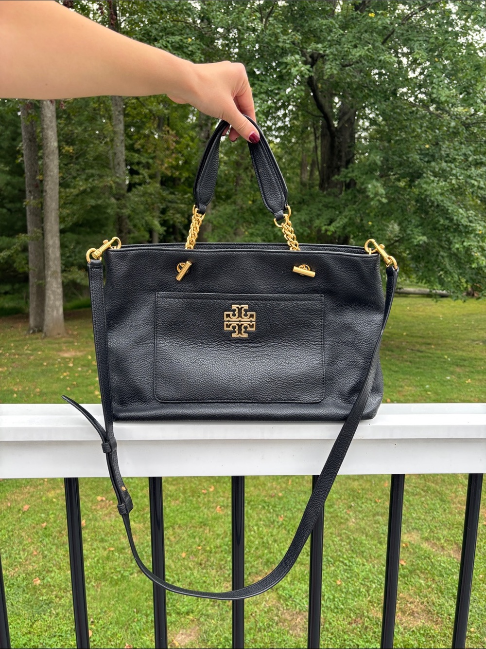 Tory Burch Britten Black Leather Double Chain Tote Bag